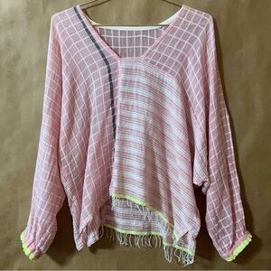 Lemlem | Spliced Popover Top Fringe Trim Oversized Blouse Pink Size XS
